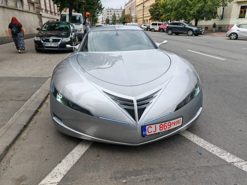 E-Car, prima mașină electrică 100% românească, un coupe în 4 uși ca un OZN. Maximum 120 km/h - Foto: cluj24.ro