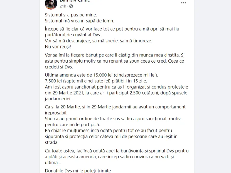 Încă un conspiraționist cere donații să lupte cu covidul. Dan Chitic nu mai are bani de amenzile