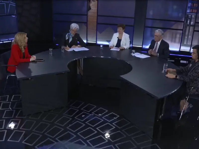 Panel FMI: Lagarde, Georgieva și Powell. Sursa: FMI