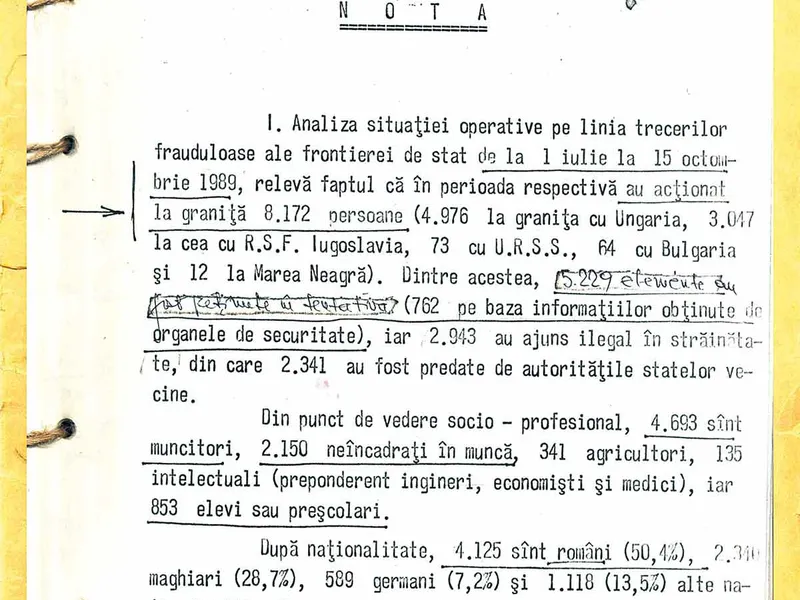 Raport al Securității privind centralizarea pe țară a situațiilor de trecere frauduloasă a frontierei în perioada 1 iulie-15 octombrie 1989 - Sursa: ACNSAS, fond Documentar, dosar nr. 7359, ff. 4-9/ cnsas.ro