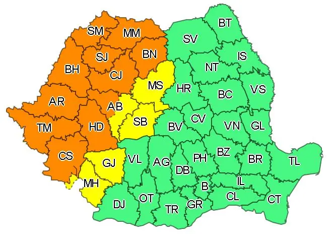 Cod portocaliu în 11 județe. FOTO: Meteo Romania