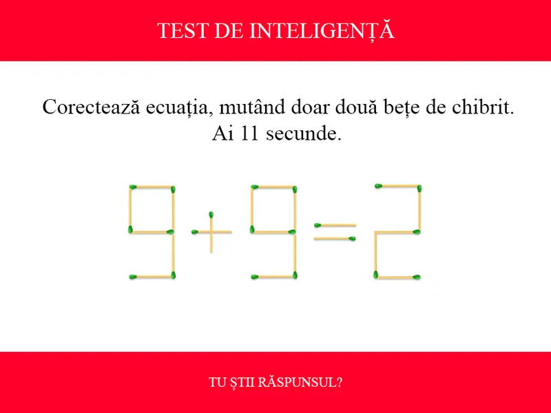 TEST DE INTELIGENȚĂ Corectează ecuația 9+9=2, mutând doar două chibrituri. Ai 11 secunde - Foto: Colaj Newsweek / mindyourlogic.com