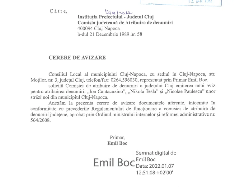 Cererea de avizare semnată de Emil Boc. Document obținut de Newsweek România