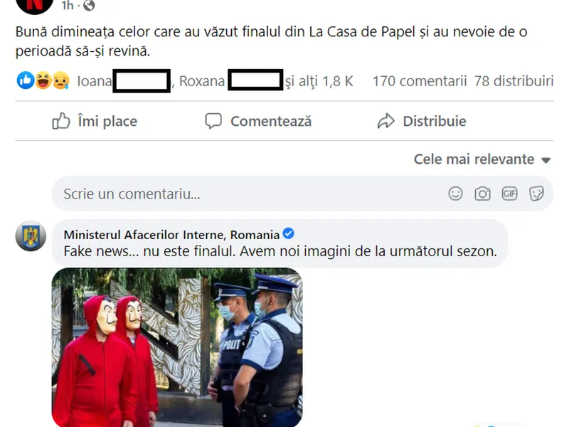 Ministerul de Interne trolează Netflix: „Fake news... nu este finalul”