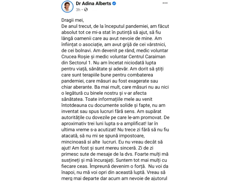 Adina Alberts cere donații de la cei care nu cred în COVID