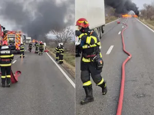 Accident cu două cisterne, în Dâmbovița. Una a luat foc. Este risc de explozie - Foto: ISU- DB