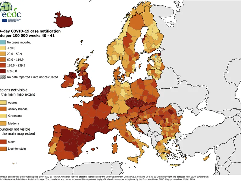 Rata de infectare cu COVID în Europa. Sursa: ECDC