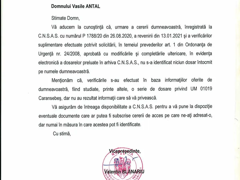 CNSAS nu găsește nicio informație despre Vasile Antal în arhivele Securității