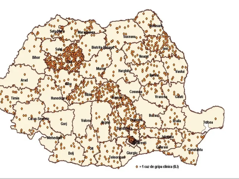 Harta cazurilor de îmbolnăvire cu virus gripa. Sursa: Institutul Național de Sănătate Publică