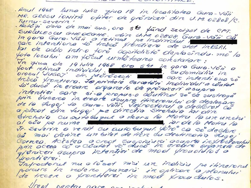 Iulie 1968, raport al ofițerului de grăniceri, care prinde un tânăr din Lugoj care voia să fugă peste graniță. Sursă: ACNSAS, fond Documentar, dosar nr. 9675, vol. 2, f. 266/ cnsas.ro