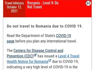 Alertă de călătorie „Level 4” în SUA: Nu călătoriți în România din cauza COVID-19. / Foto: travel.state.gov