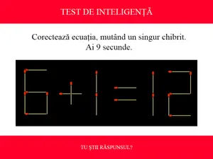 TEST DE INTELIGENȚĂ Corectează ecuația 6+1=12, mutând un singur chibrit. Ai 9 secunde să rezolvi - Foto: Colaj Newsweek / braineaser.com