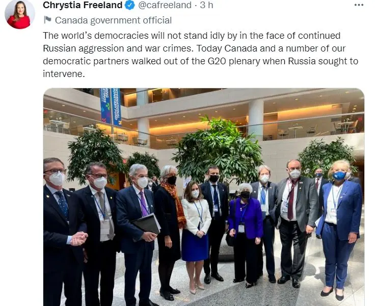 Canada și „alte democrații” au părăsit reuniunea G20 din cauza participării Rusiei/foto: twitter