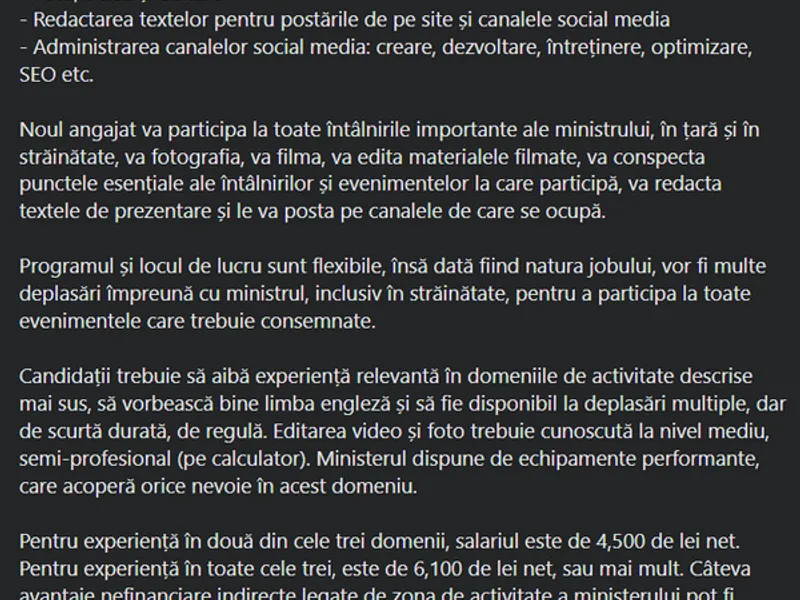 Un ministru din Guvernul Ciucă își caută „Consultant de Imagine Digitală”. Cât e dispus să plătească. / Foto: Facebook