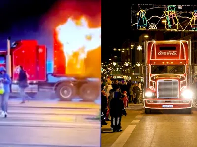 VIDEO Camionul "Coca-Cola", "vestitorul" sărbătorilor de iarnă a luat foc în București - FOTO: Profimedia