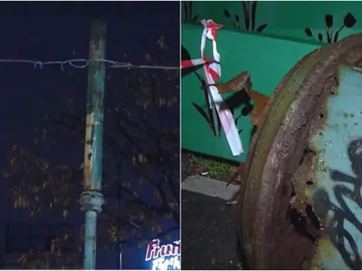 Un stâlp care a căzut în capitală peste un tramvai a fost pus cu susul în jos Foto: captură video Observator