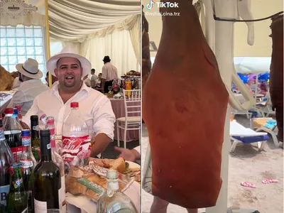 Cine sunt turiștii cu hălcile de carne atârnate de umbrela de plajă la Costinești Foto: TikTok