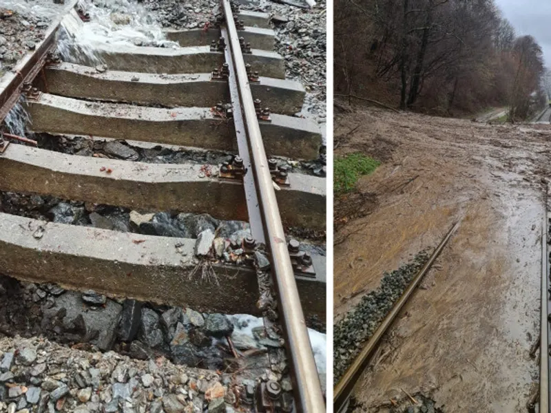 Calea ferată s-a surpat din cauza ploilor abundente/FOTO: IPJ Vâlcea