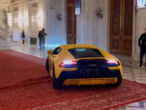 Covoarele țesute manual și de patrimoniu din Casa Poporului, „pistă” pentru un supercar. / Foto: captură video