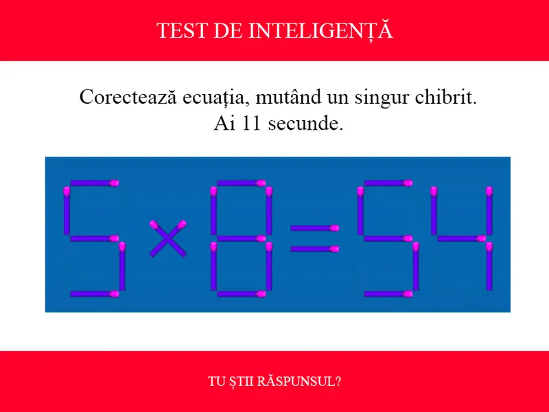 TEST DE INTELIGENȚĂ Corectează ecuația 5x8=54, mutând un singur chibrit. Ai 11 secunde să rezolvi - Foto: Colaj Newsweek / treningmozga.com