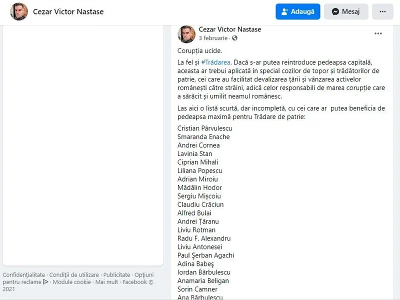 Postarea simpatizantului AUR care îndeamnă la omorârea intelectualilor. Sursa: Facebook