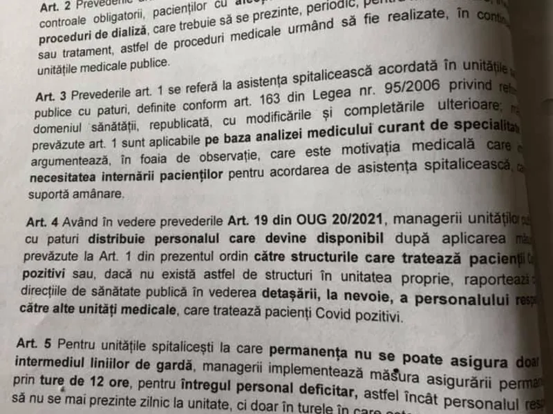 Ce conține Ordinul lui Raed Arafat prin care sunt suspendate operațiile și internările în spitalele de stat, ordin care nu a fost făcut public nicăieri