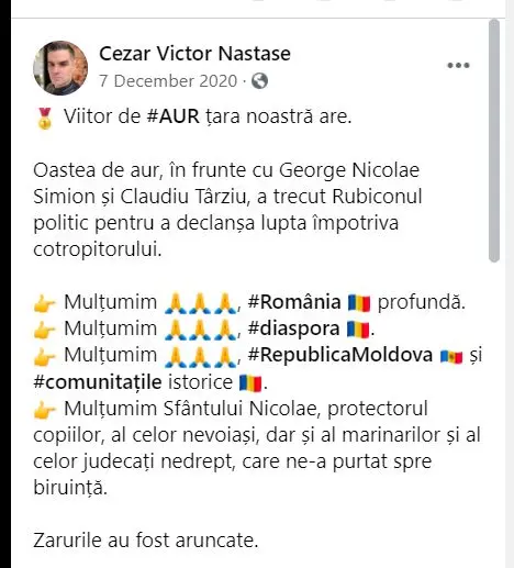 Postare pe Facebook a simpatizantului/membrului AUR. SUrsă: Facebook