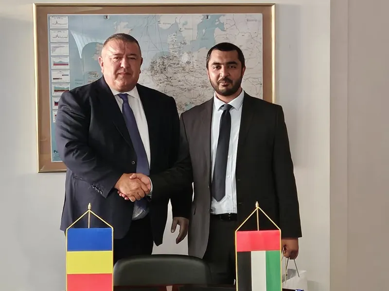 Președintele Camerei de Comerț și Industrie a României, Mihai Daraban, a avut o întrevedere cu vicepreședintele pentru dezvoltare Khalifa Economic Zones Abu Dhabi (KEZAD), dl Khalid Al Marzooqi Foto: CCIR