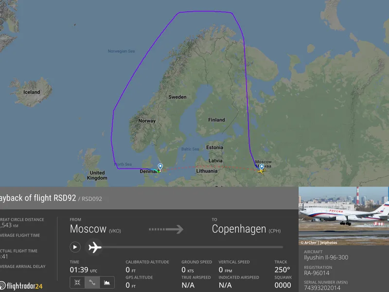 Cât ocolește un avion rusesc pentru a ajunge de la Moscova la Copenhaga. / Foto: Flightradar24.com, Facebook