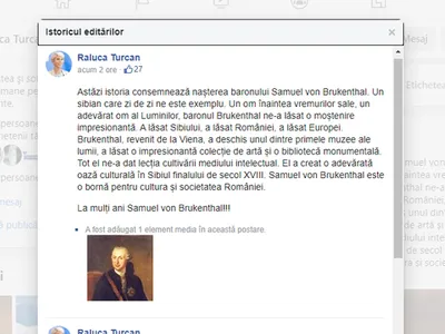 Raluca Turcan i-a urat „La mulţi ani!” baronului Samuel von Brukenthal. A decedat în 1803. / Foto: news.ro