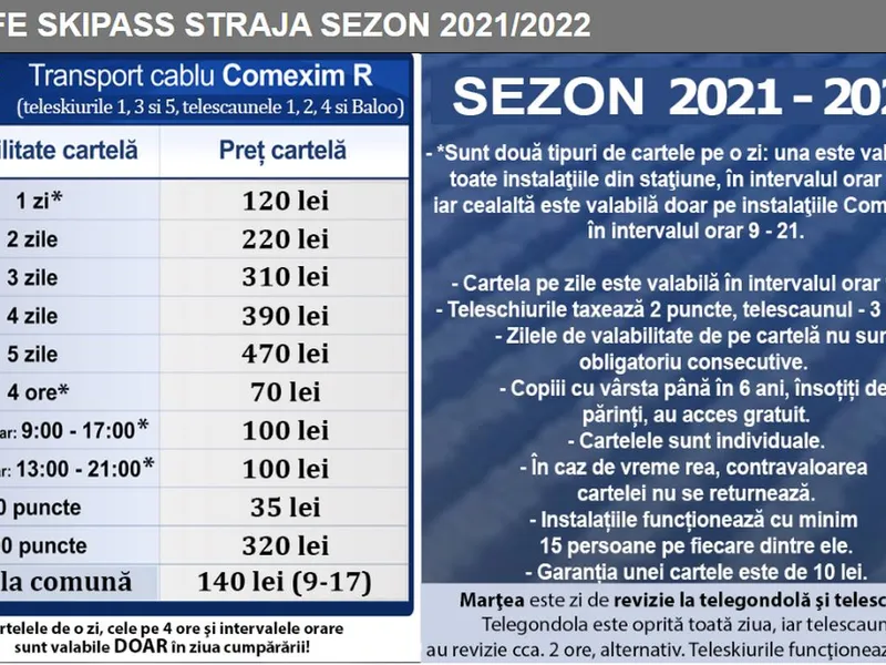 Tarife skipass la Straja (2021-2022)