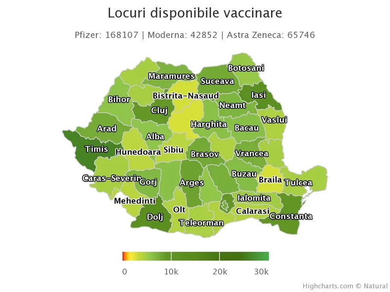 Locuri disponibile în centrele de vaccinare luni. Sursa: RoVaccinare