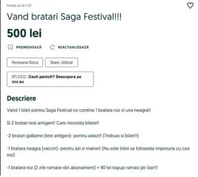 Brățare de testare pentru Saga Festival, de vânzare pe OLX. Captură Dragoș Vana