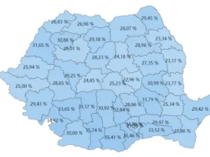 Prezența la vot pe județe, la ora 15.00. Sursa: BEC