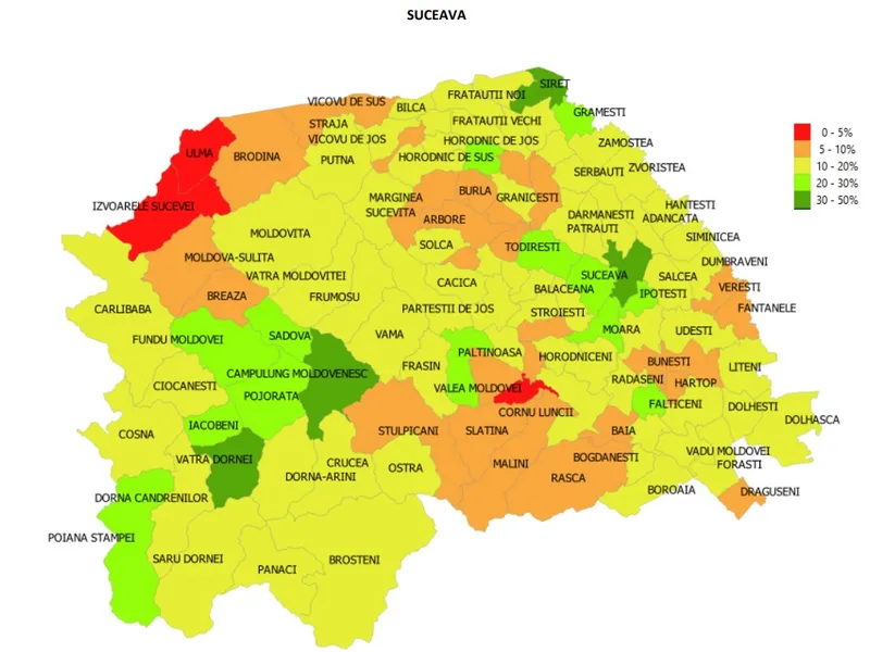 Situația vaccinării în toate localitățile din județul Suceava, la 5 noiembrie. Sursa: INSP