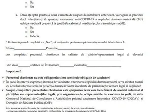 Chestionarul de exprimare a intenţiei de vaccinare anti-COVID pentru elevii minori. / Foto: agerpres.ro