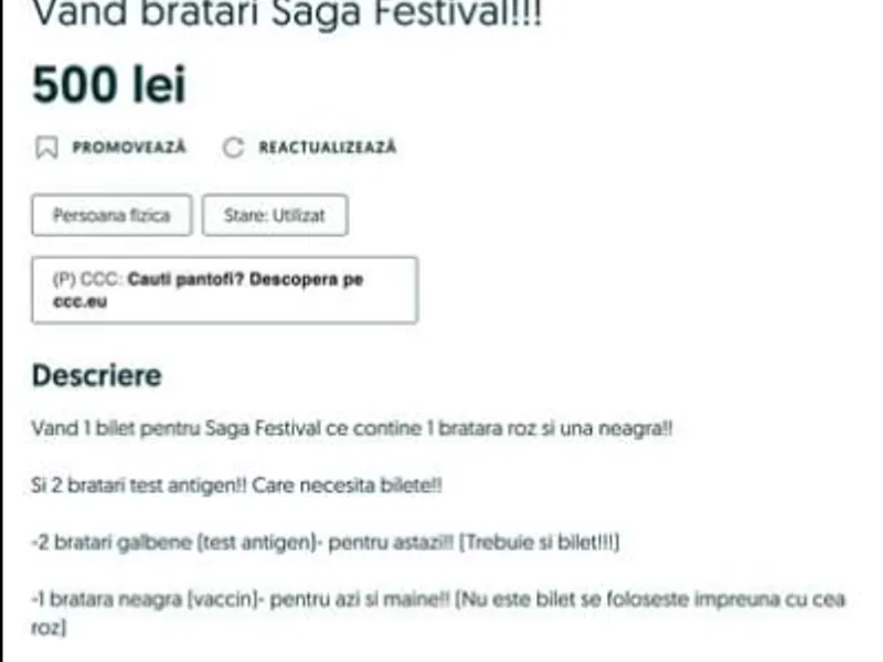 Brățare de testare pentru Saga Festival, de vânzare pe OLX. Captură Dragoș Vana