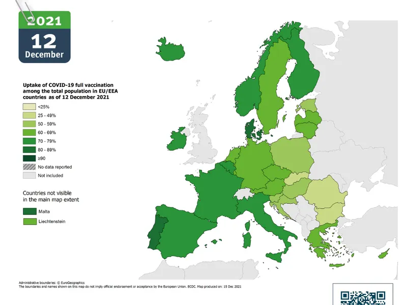 Progresul vaccinării la un an de la demararea campaniei în Europa. Sursă: ECDC