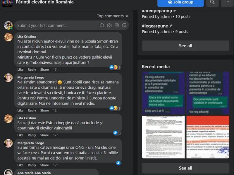 Grupul de Facebook „Părinţii elevilor din România“ / Foto: captură ecran