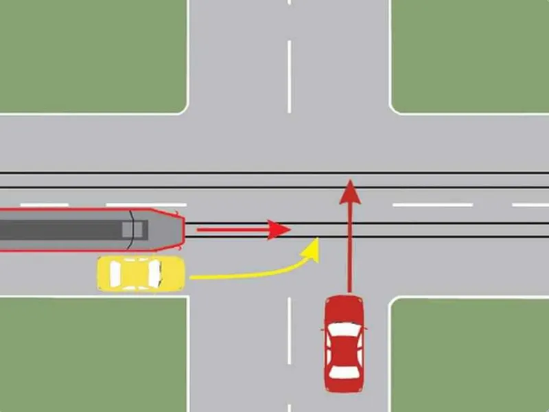 Care dintre cele trei vehicule trece primul prin intersecție? - Foto: drpciv-teste.ro