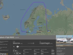 Cât ocolește un avion rusesc pentru a ajunge de la Moscova la Copenhaga. / Foto: Flightradar24.com, Facebook