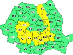 Harta județelor sub cod galben de instabilitate atmosferică până duminică, 27 iunie, ora 22.00 Foto: INMH