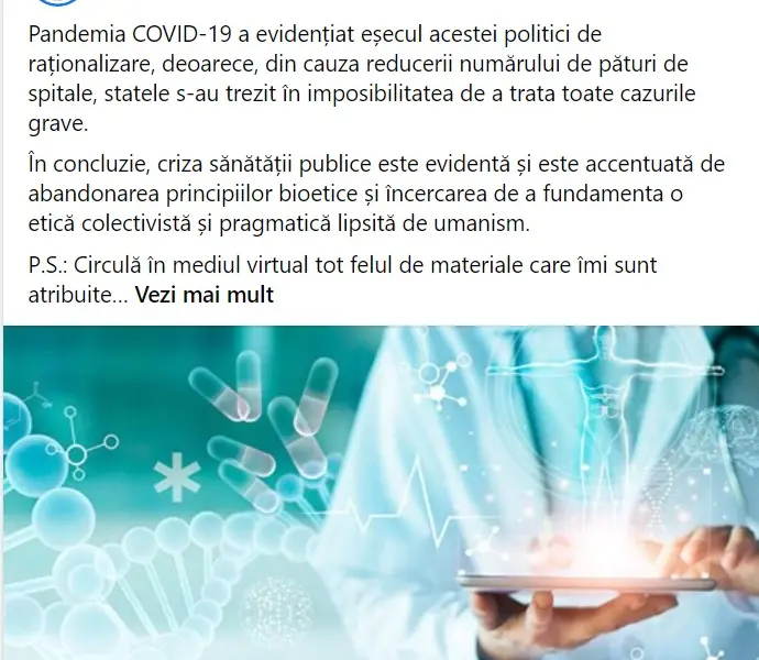 Postarea lui Astărăstoae pe grupul „Medici la datorie!”