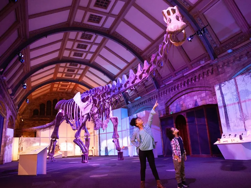 Un mulaj al unuia dintre cei mai mari dinozauri care au cutreierat Pământul, Patagotitan mayorum, este expus la Londra, în sala de expoziţii a Muzeului de Istorie Naturală. - Foto: Profimedia Images