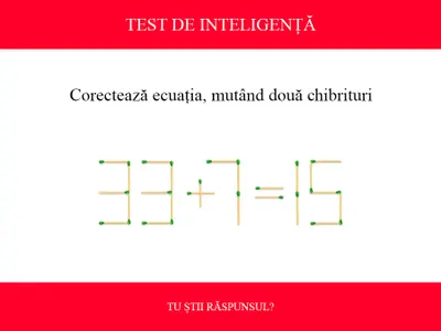 TEST DE INTELIGENȚĂ Corectează ecuația 33+7=15, mutând două chibrituri. Ai 12 secunde - Foto: Colaj Newsweek / mindyourlogic.com