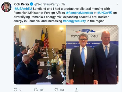 Tweet-ul lui Rick Perry, in care n-o pomenește pe Dăncilă, deși ea este chiar în fața lui