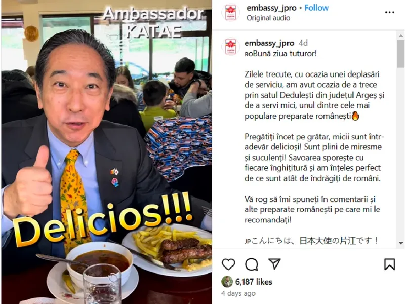 Ambasadorul Japoniei la București, festin cu mici de Dedulești: ”Sunt plini de miresme” - Foto: Instagram