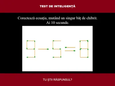 TEST DE INTELIGENȚĂ Corectează ecuația 9-5=8, mutând un singur băț de chibrit. Ai 10 secunde - Foto: Colaj Newsweek / mindyourlogic.com