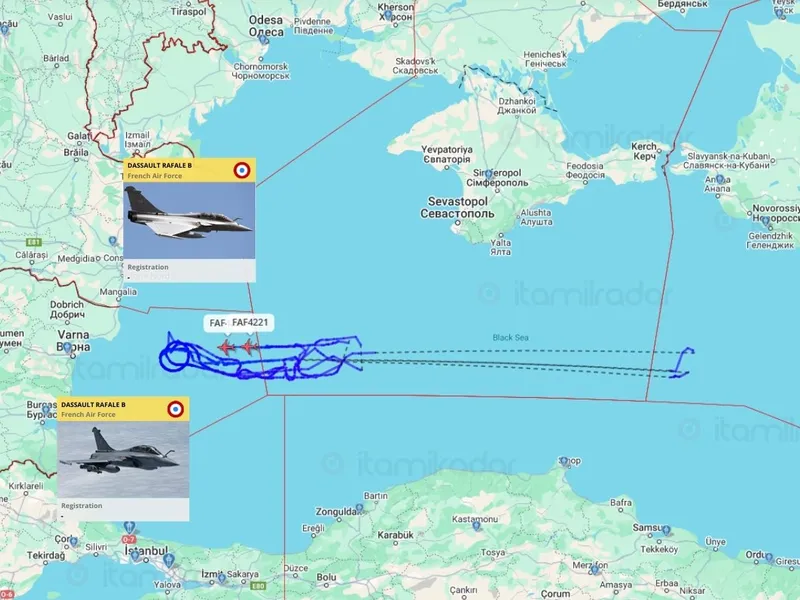 Avioane ale Franței E-3CF și Rafale supraveghează din Marea Neagră mișcările de trupe ale Rusiei - Foto: Iitamilradar.com