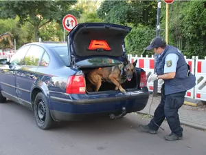 Doi români cu un VW cu numere false au lovit mașina poliției care-i urmărea în Germania. Polițiștii au folosit un câine care detectează droguri Foto: dubisthalle.de